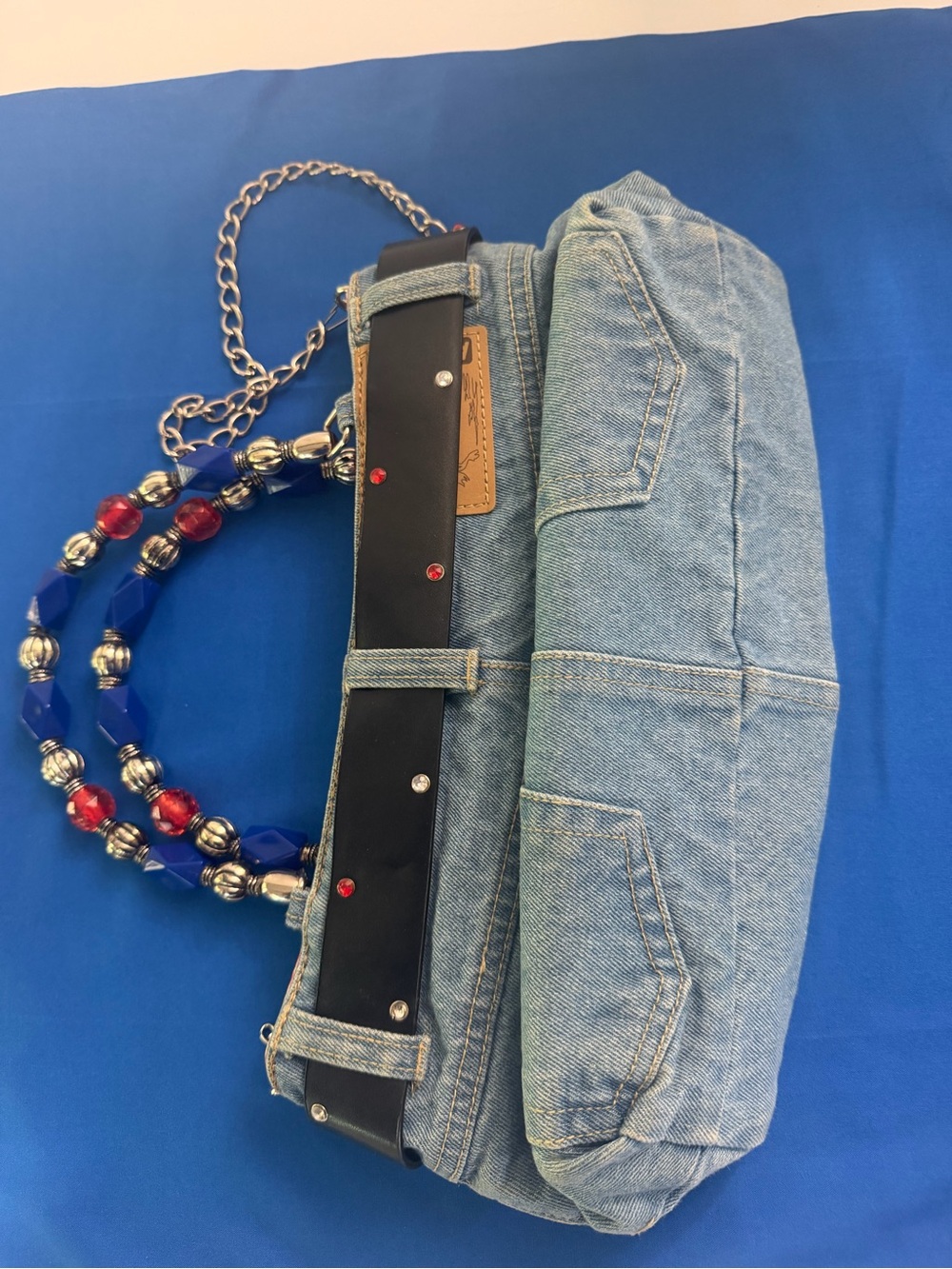 ABJ Jeans Texas Denim Western Shoulder Bag | Beaded Handle | Chain Strap | Embro - Picture 4 of 9